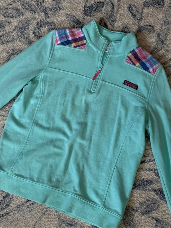 Vineyard Vines Sweaters - Vineyard Vines Women’s Mint Green Plaid-Shoulder Quarter-Zip Pullover